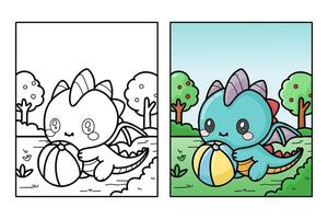 learn to color a dragon cub playing ball, coloring book, coloring pages for children. vector