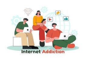Internet Addiction Illustration with Young People Addicted to Using Devices Such as Laptops or Smartphones in a Flat Style Cartoon Background vector