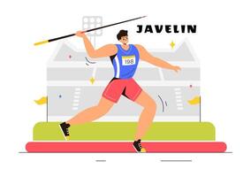 Illustration of Javelin Thrower Athlete Using a Long Spear Shaped Tool to Throw as Far as Possible in a Sports Activity Flat Background vector