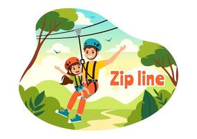 Zip Line Illustration with Visitors Walking on an Obstacle Course and Outdoor Rope Adventure Park in a Forest on Flat Kids Cartoon Background vector