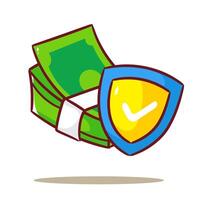 Money Secure With Shield Cartoon . Saving And Investment Illustration. Business And Finance Concept Design. Isolated White Background. vector