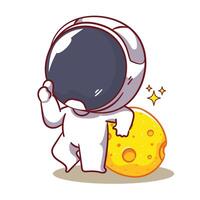 Cute astronaut with the moon showing thumb up cartoon character. Space and science concept design. Hand drawn flat adorable chibi illustration. Icon logo mascot isolated background. vector