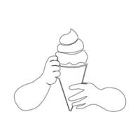 Two hands holding ice-cream one-line art drawing. vector
