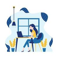 Flat Design Illustration of Woman Employee Working Using Laptop at Office with Fluid Background vector