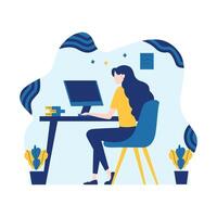 Flat Design Illustration of Woman Employee Working Using Computer at Office with Fluid Background vector