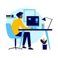 Flat Design Illustration of Black Man Employee Working with Computer at Office vector