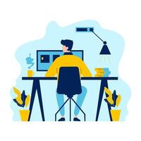 Flat Design Illustration of Man Entrepreneur Working with Computer at Office vector