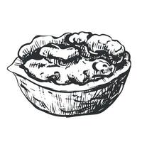 Hand-drawn sketch of walnuts illustration. Open walnut kernels and shells sketch icons. Fresh organic food. Vegetarian diet snack. Black and white nut pattern. Isolated on white background. vector