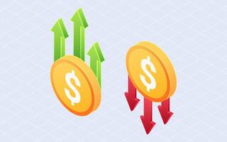 Isometric cost arrow, price money. Arrow down and up isolated on white background vector