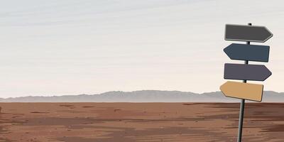 Blank metal sheet direction sign pole with minimalist landscape of desert and mountain ranges background design graphic illustration have blank space. vector