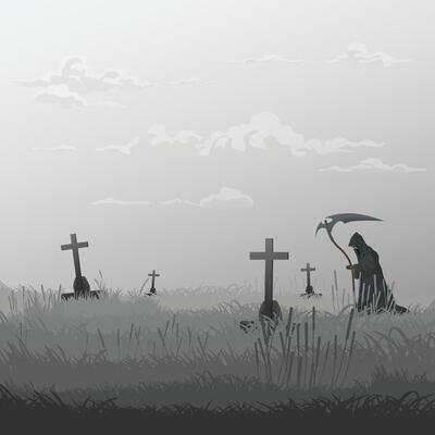 Angel of Death in graveyard in foggy day monochromatic minimalism landscape graphic illustration have blank space.