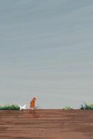 Minimalism landscape side view of muddy area after the rain have a kid wearing raincoat playing with puppy graphic illustration have blank space vector