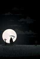Night at graveyard with Angel of Death have full moon with vertical background monochromatic minimalism landscape graphic illustration have blank space. vector