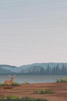 Minimalism landscape side view of muddy area with deer, lake, pine forest and mountain ranges graphic illustration have blank space vector