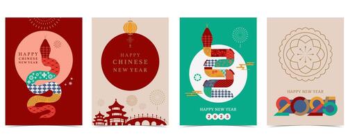 Happy Chinese New Year on red background with snake,lantern.Editable illustration for vertical A4 design vector