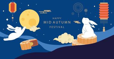 mid-autumn festival background with rabbit,mooncake and lantern. for horizontal design vector