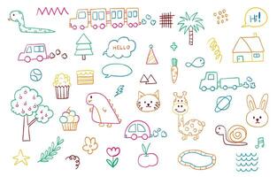 cute scribble element object with train,snake,popcorn,truck,palm tree,dinosaur vector