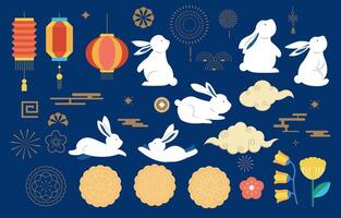 mid-autumn object element set with rabbit and moon vector