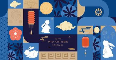 mid-autumn geometric festival background with rabbit,mooncake,moon . for a4 horizontal design vector