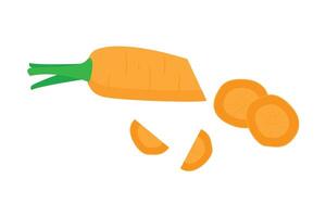 Bright set of colorful halves, slices and whole carrots with green stems. Fresh vegetables isolated. For cooking, advertising, menu vector