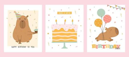Birthday card set with capybara, cake and balloons vector