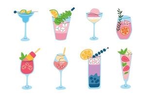 illustration set, a collection of colorful summer drinks, ice cream cocktails and popsicle mocktails. Flat, cartoon-style design with refreshing beverages in glassware with vibrant garnishes vector