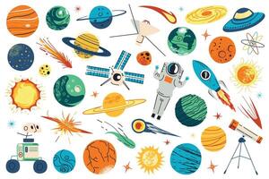 Space illustrations set, collection of cosmic objects, planets, stars. Solar system doodle icons, galaxies, asteroids, and comets. Space exploration concept. Astronomy and space science themes vector