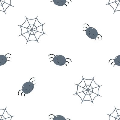 Seamless pattern with cute spider and web. For fabric, wrapping, cards, textile, wallpaper, apparel. Isolated cartoon illustration in flat style on white background. Halloween background.