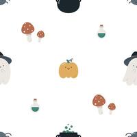 Happy Halloween seamless pattern with ghost, pumpkin, mushroom fly agaric, potion. Flat background. Halloween design. Creative texture for fabric, wrapping, textile, wallpaper, apparel. vector
