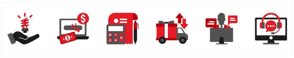 Six Shopping icons in red and black as statistics, pay per click, accounting vector