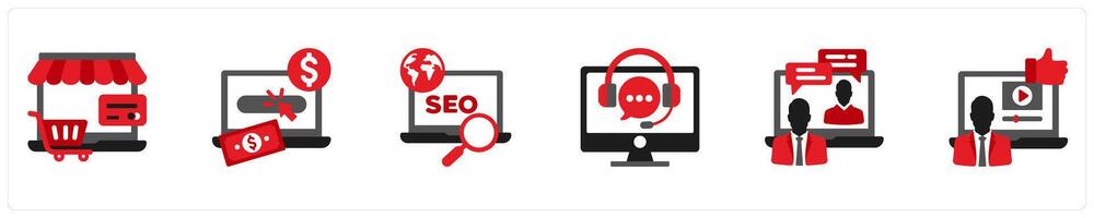 Six Finance icons in red and black as e commerce, pay per click, seo vector