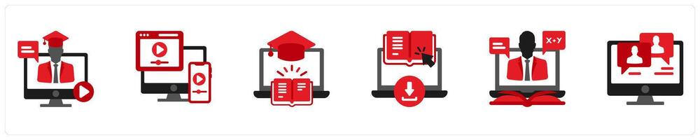 Six Education icons in red and black as online education, online tutorials, e learning vector