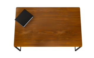 Top view of modern wooden desk with black notebook, minimalist workspace, elegant office table, wood grain texture, sleek design cut out on transparent background png
