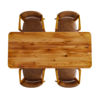 Top view of a wooden table with four wooden chairs in a modern minimalistic dining room setup, cut out transparent png