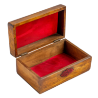 Open Wooden Box with Red Velvet Interior - Antique Storage Container with Hinged Lid and Decorative Detailing, cut out transparent png