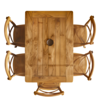 Top View of Rustic Wooden Dining Table Set with Four Chairs and Central Decor Element cut out on transparent background png