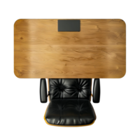 Top view of a stylish wooden desk with a black leather chair and laptop cut out on transparent background png