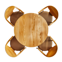 Top view of a round wooden table with four chairs in modern minimalist design, ideal for dining areas, cut out transparent png