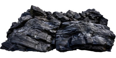 Detailed high-resolution image of a rugged black rock formation with intricate textures and layers, ideal for geological studies and natural cut out on transparent background png
