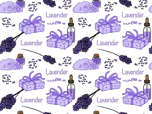 lavender seamless pattern with oil, lavender salt, lavender soap, lavender branches and flowers for wrapping paper, textile printing, fabric, packaging. Cosmetic, travel, flower theme.