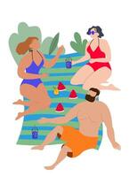 Three people relax on a striped beach mat, enjoying drinks and watermelon. They're in swimsuits, surrounded by tropical leaves, chatting under the sun vector