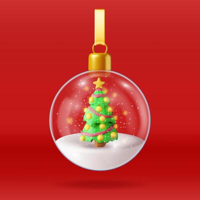 3D glass christmas snow ball with tree isolated. Render sphere with fir tree. Happy new year decoration. Merry christmas holiday. New year xmas celebration.