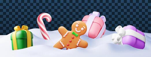 3D snowdrift with gift boxes isolated. Render presents with candycane and gingerbread man in snow. Happy new year decoration. Merry christmas holiday. New year xmas celebration. vector