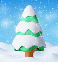 3D christmas background. Render christmas tree in snow. Winter landscape with fir tree and snowing. Happy new year celebration. New year xmas holiday. vector