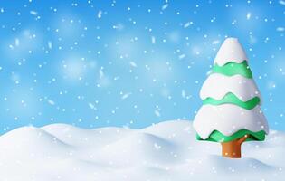 3D christmas background. Render christmas tree in snow. Winter landscape with fir tree and snowing. Happy new year celebration. New year xmas holiday. vector