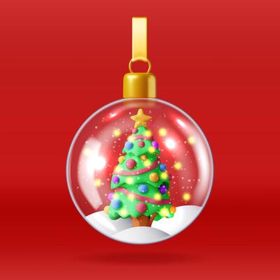 3D glass christmas snow ball with tree isolated. Render sphere with fir tree. Happy new year decoration. Merry christmas holiday. New year xmas celebration.