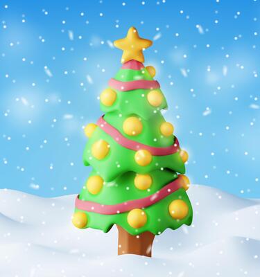 3D Christmas Background. Render Christmas Tree with Garlands and Balls. Winter Landscape with Fir Tree and Snowing. Happy New Year Celebration. New Year Xmas Holiday.