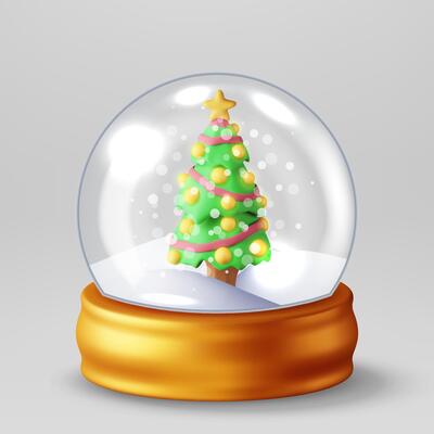 3D glass christmas snow globe with tree isolated. Render spere podium with fir tree. Happy new year decoration. Merry christmas holiday. New year xmas celebration.