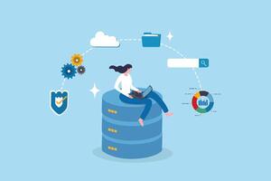Database system, data network management, security or search, cloud computing technology or file document archive, database administration concept, woman working with computer laptop on database. vector