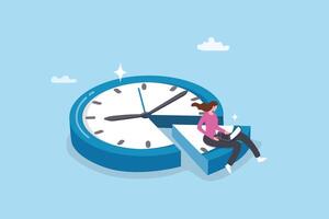 Part-time job, work tracking system, day planning or time management, side hustle or office work deadline, start and end time schedule concept, businesswoman working with laptop on split time clock. vector